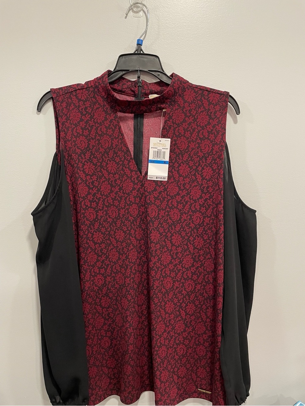 Michael Kors Burgundy and Black Floral Mock-Neck Sleeveless Blouse